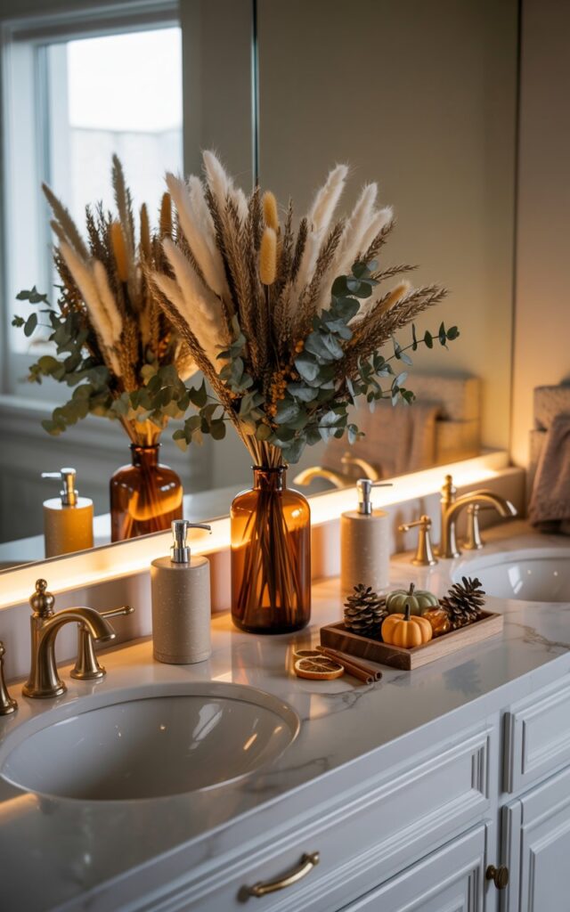 A bathroom counter with an amber glass vase holding dried pampas grass, eucalyptus, and wheat stalks, surrounded by brass accessories and autumn accents.