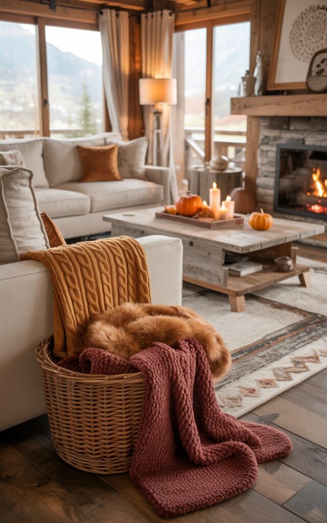 An alpine chic living room with a wicker basket filled with cozy blankets next to a cream sofa, rustic fireplace, and warm lighting.