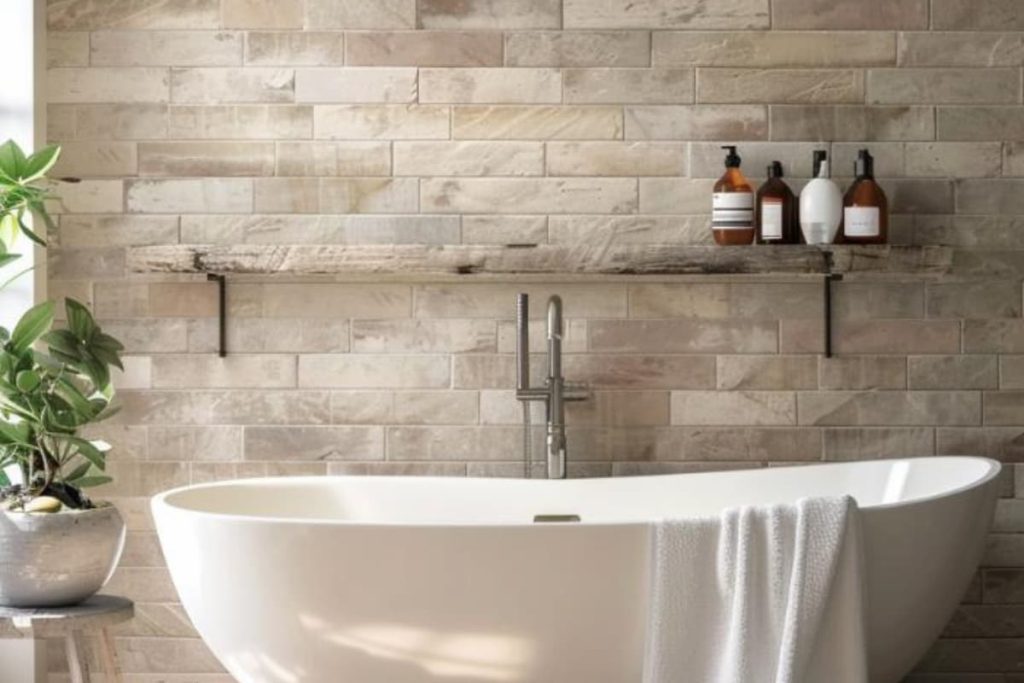 Ceramic brick tiles combine a farm house oasis that combines urban texture and rural comfort.