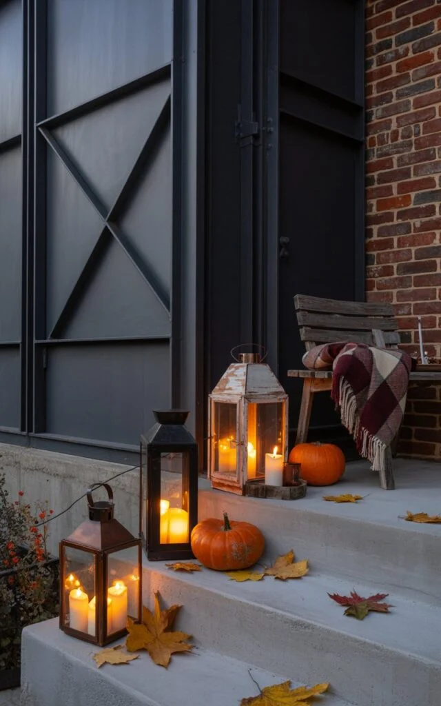 Industrial-style porch with clusters of lanterns and candles in bronze, wood, and black metal finishes.
