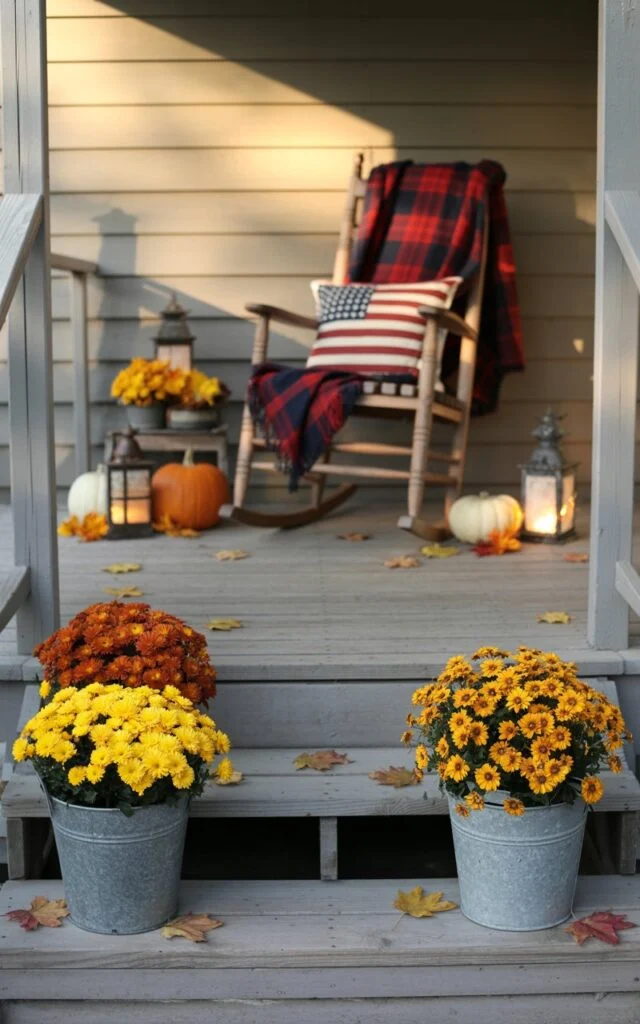 Americana-style porch with galvanized buckets filled with vibrant mums and marigolds beside the steps.