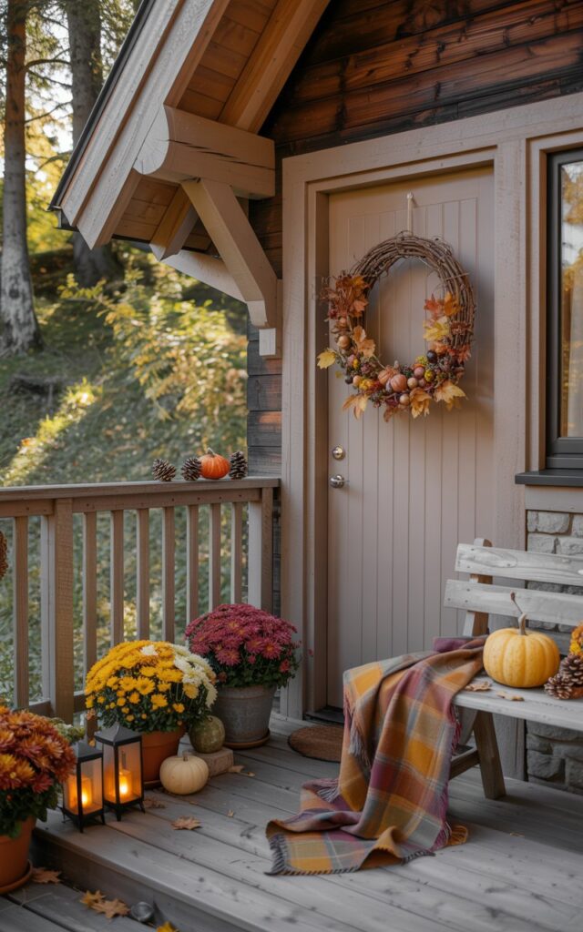 Alpine-style porch with a grapevine wreath decorated with autumn leaves, miniature pumpkins, and pinecones, complemented by potted chrysanthemums and lanterns.