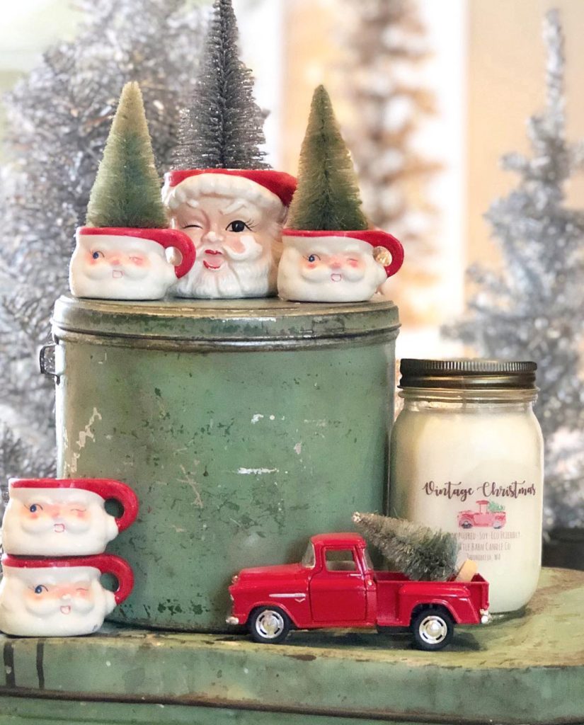 Vintage Santa Mugs and Red Truck
