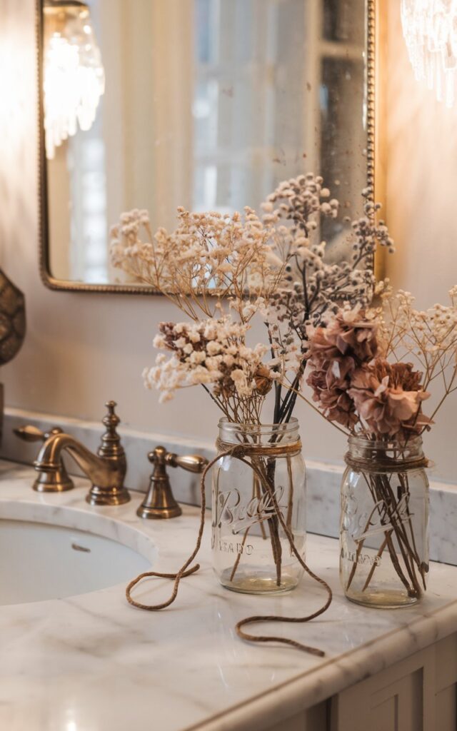 A photo of a bathroom counter with a glam + vintage aesthetic. There are 1-2 mason jars filled with dried flowers and delicate branches. A tie jute rope is wrapped around the neck of the jars. The counter has a marble or quartz surface, gold or brass fixtures, a decorative mirror with ornate edges, and soft warm lighting. The mix of rustic jute and elegant finishes creates a cozy, sophisticated fall vignette with detailed textures and a nostalgic, inviting mood.