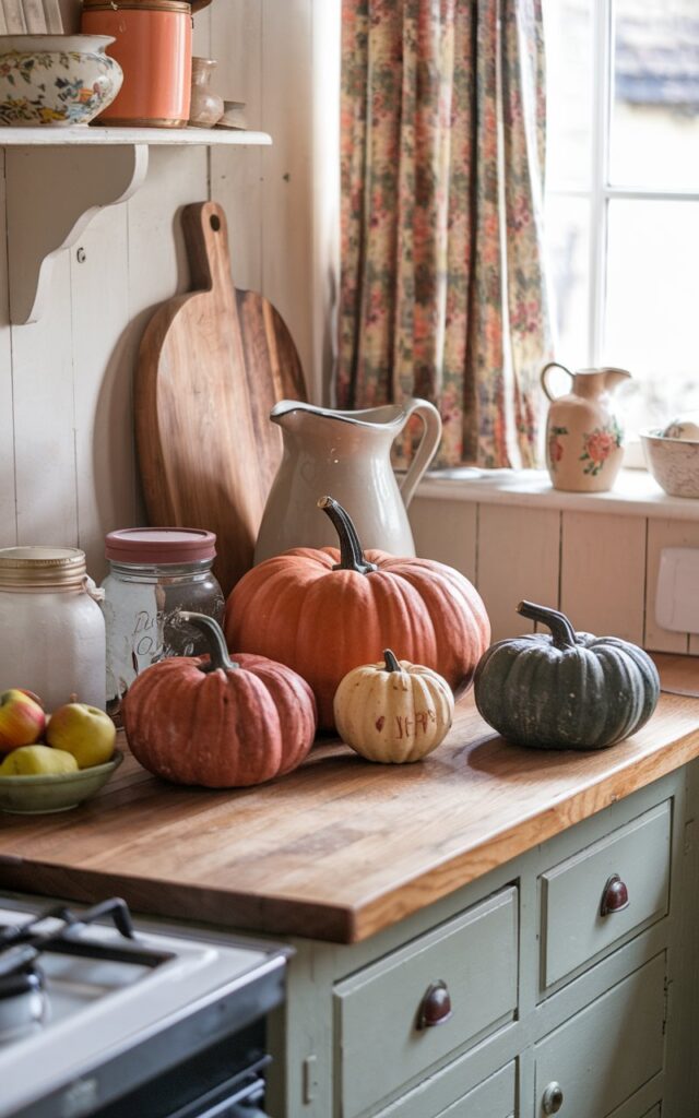 A photo of a cozy English countryside kitchen with a rustic vibe. The kitchen has a wooden countertop, vintage cabinetry, and a few essential items. There are three vintage pumpkins in burnt orange, muted cream, and deep green, of varying sizes and shapes, arranged on the countertop. Surrounding the pumpkins are a ceramic pitcher, mason jars, a small bowl of apples, and a cutting board. Soft natural light streams through a window with floral curtains, highlighting the warm, inviting textures. The scene feels charming, nostalgic, and perfect for autumn.