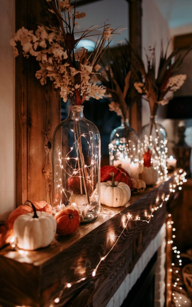 A photo of an Alpine chic living room at night with a charming mantel. The mantel is decorated for fall with rustic glass bottles filled with warm fairy lights, small pumpkins, candles, and dried foliage. The room has a cozy and magical autumn ambiance with rich detail and warm tones. The straight view of the mantel is the main focus of the image.
