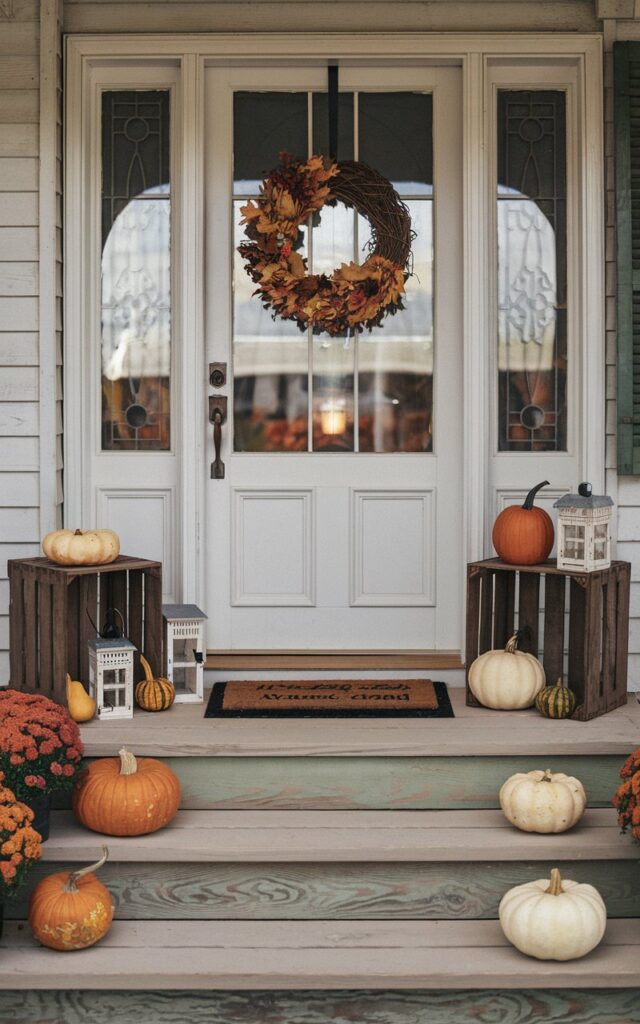 A photo of a farmhouse-style porch with a rustic fall wreath hanging on the front door. There are 2-3 pumpkins and gourds of varying sizes and colors on the porch steps. There are also 1-2 small lanterns and vintage wooden crates. The porch has weathered wooden flooring and a welcoming doormat. The background reveals a cozy, nostalgic autumn scene with detailed textures.