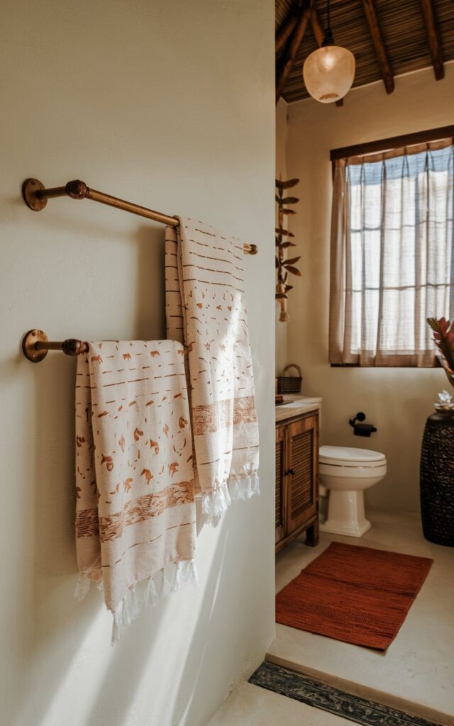 A photo of a Balinese-style bathroom with a wall-mounted towel rack. There are two bathroom towels with subtle fall-inspired patterns hanging on the rack. The bathroom is fully furnished with a wooden vanity, a toilet, a ceiling pendant light, and a floor rug. Soft natural light filters through a curtained window, highlighting the textured towels and rich autumn colors. The scene feels serene, cozy, and detailed, blending exotic Balinese elements with a touch of seasonal fall charm for a unique and inviting atmosphere.