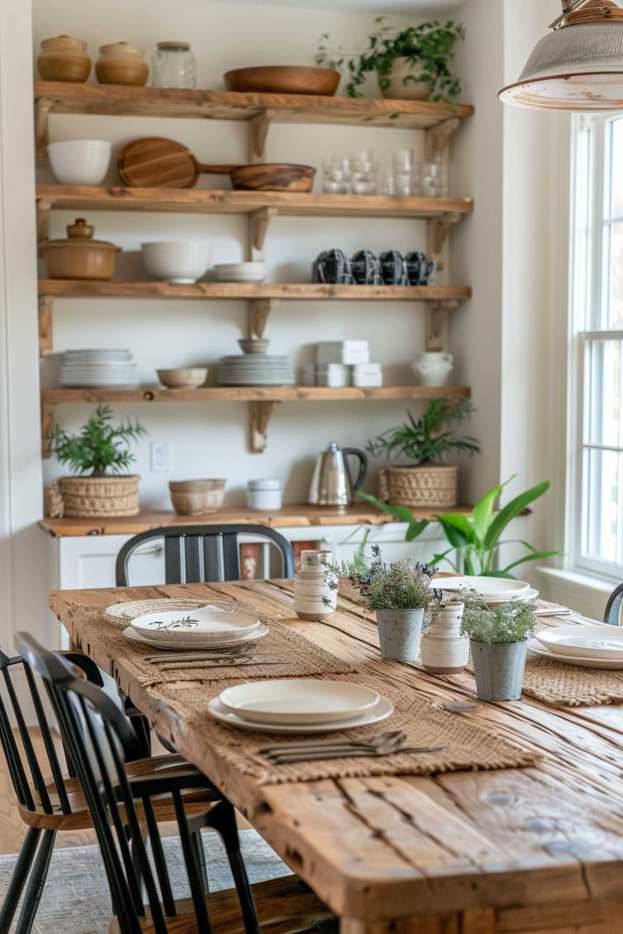 A rustic dining area has a wooden table with plates and plants. Open shelves in the background keep bowls, plates and green. Natural light flows through a large window.