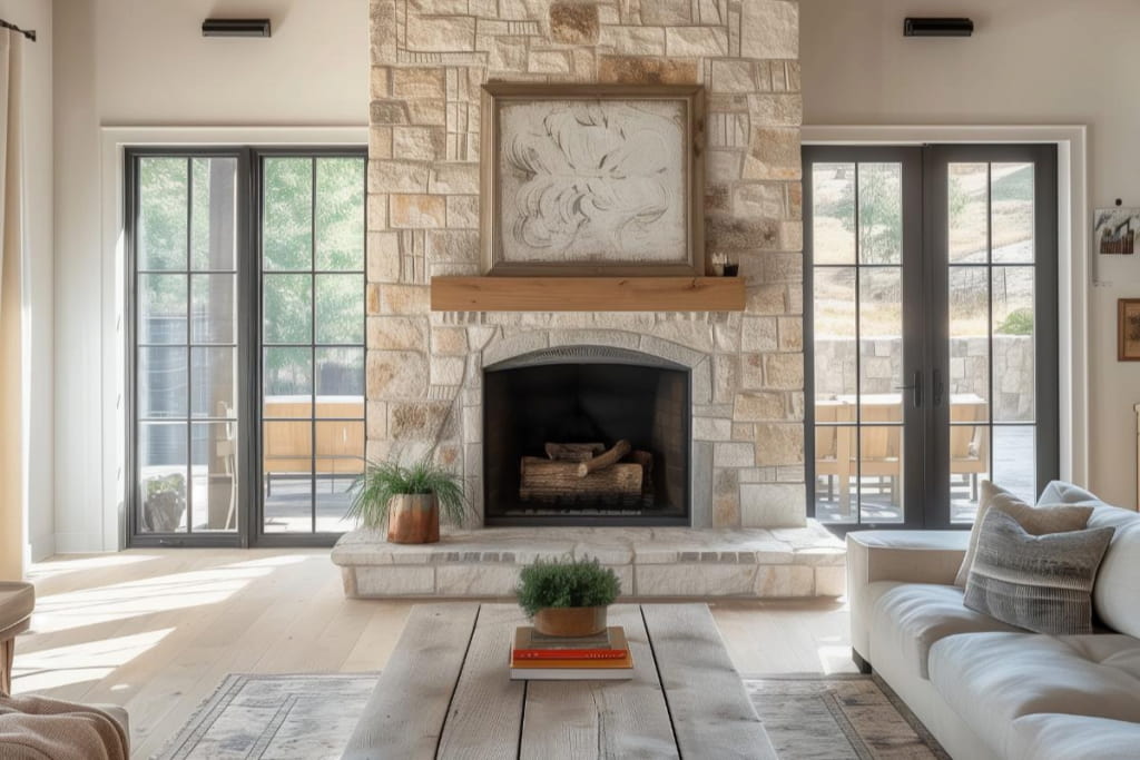 The simple and honest simplicity of the fireplace's stone surround captures the essence of farmhouse design and exudes an understated elegance that is both captivating and timeless.