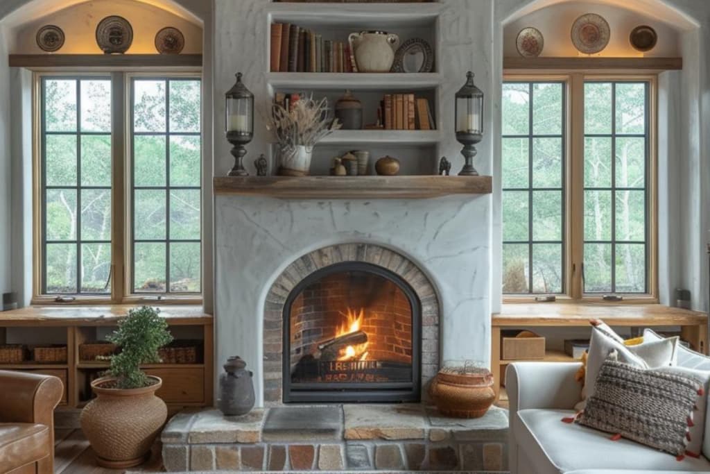 A cozy living room has a rustic fireplace, surrounded by bookshelves with various decor, flanked by two large windows with a picturesque view. Two armchairs and a potted plant complete the setting.