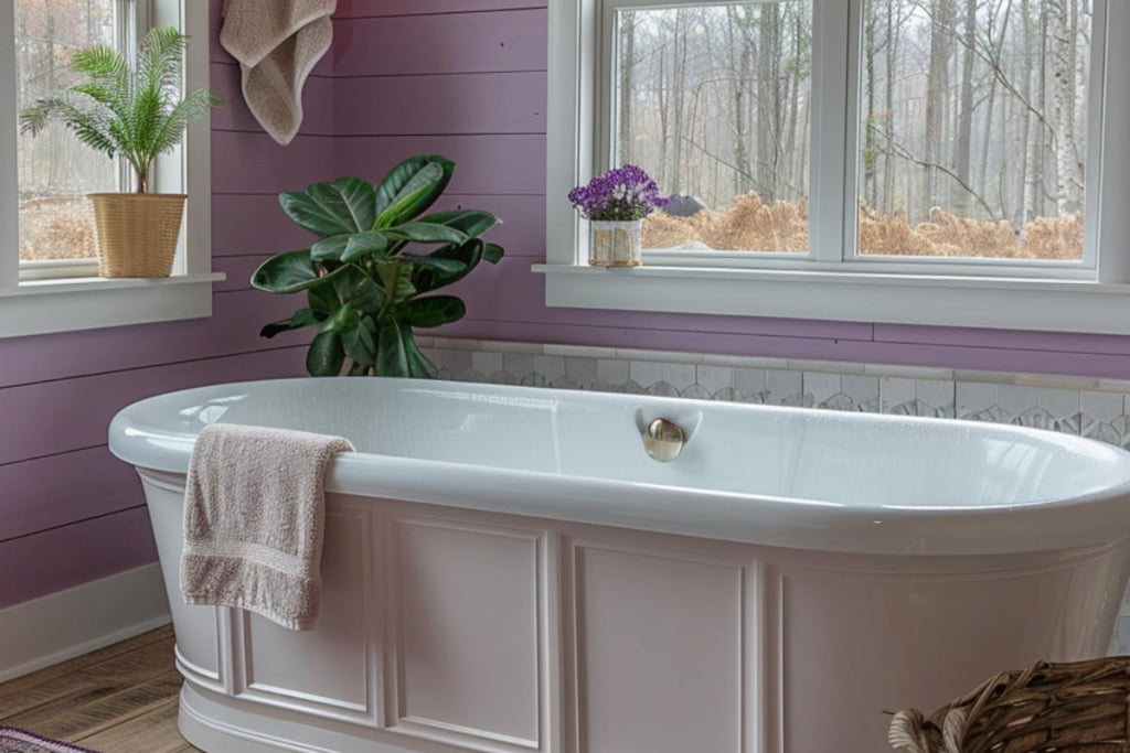Pastel tones always give a room a light and airy feel. The same goes for this shiplap bathroom. Carefree, pastel overlap adds a playful touch to a cheerful bathroom scene.