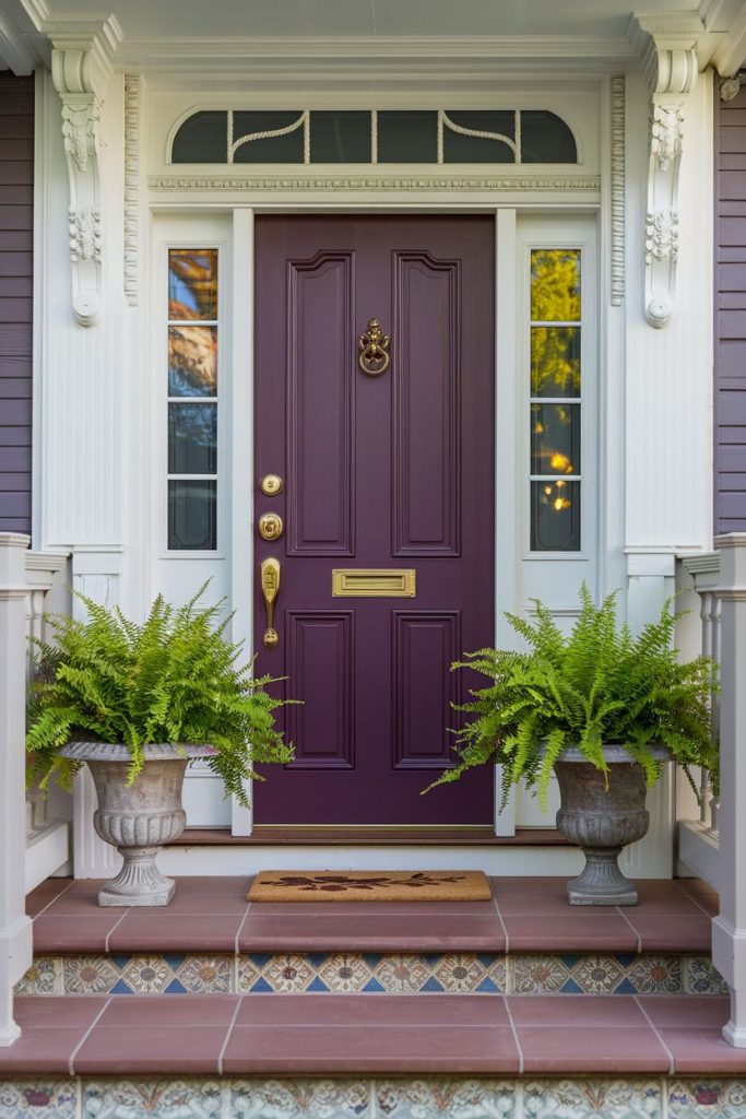A purple front door with gold hardware is framed by small windows and flanked by potted ferns on tiled steps. There is a doormat at the foot of the door.