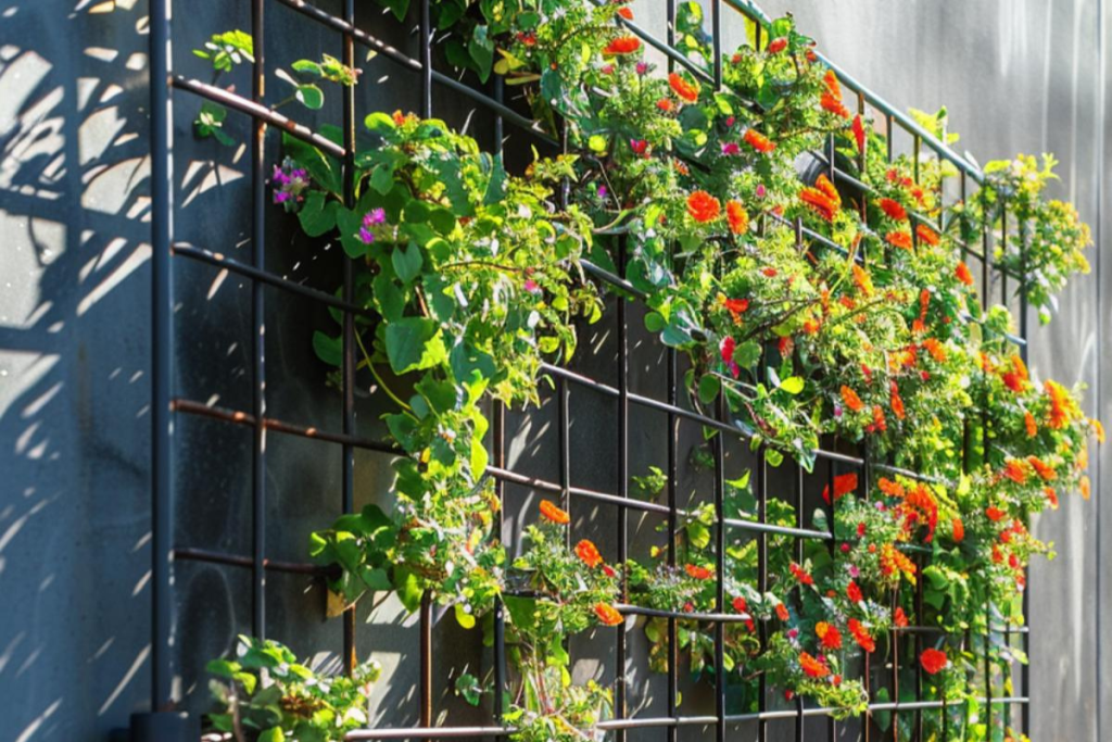 Use a wall-mounted trellis to transform a bare area into a green masterpiece. This sturdy, trellis-like structure is ready to support a vibrant selection of climbing plants and flowers.