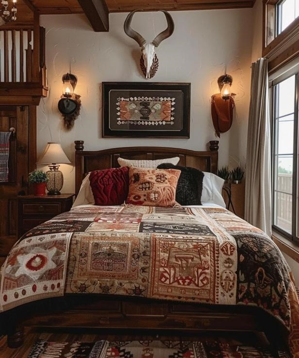 A cozy rustic-style bedroom with a wooden bed, a patterned quilt, decorative pillows, wall-mounted antlers and warm lighting from lamps and sconces.