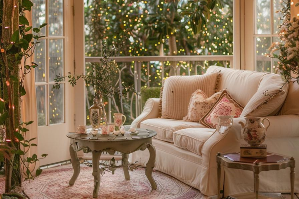 A cozy winter garden has a white padded sofa with flower pillows, a decorative coffee table and plants. Cord lights adorn the outside area beyond the glass doors and create a warm ambience.