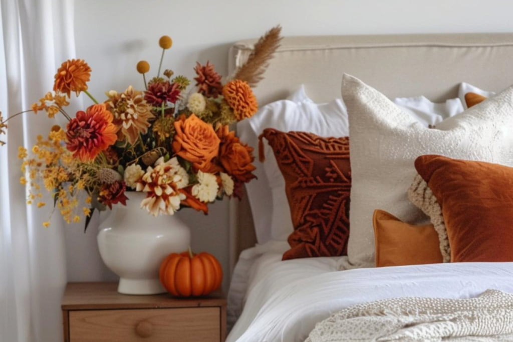 Vibrant fall bouquets add a touch of color and life to bedroom corners. Add a burnished bowl of pinecones and fall potpourri to add more character while giving the room a fall scent.