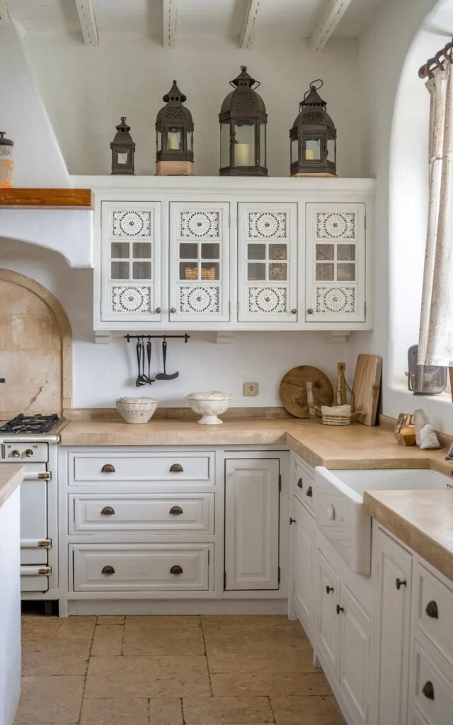 A photo of a Mediterranean-style kitchen with white cabinets and a beige countertop. There are several decorative lanterns of varying sizes on the top of the cabinets. The floor is made of beige tiles. There is a white stove and a white sink. The background contains a window with a curtain.