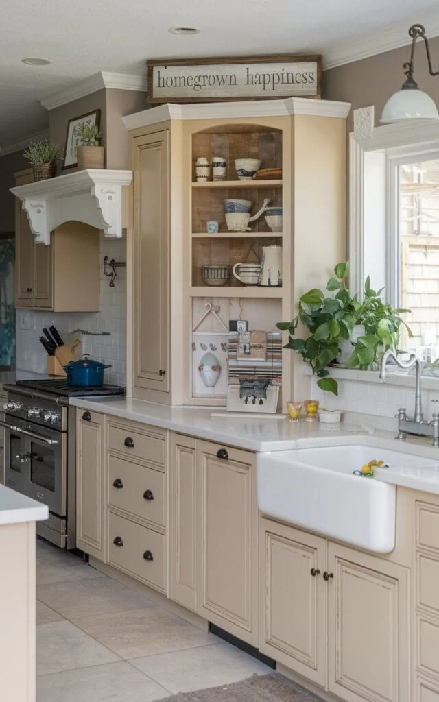 A photo of a transitional kitchen with beige cabinets and a white countertop. There's a decorative sign on the top of the cabinet that says'Homegrown Happiness'. The kitchen has a farmhouse sink and a stove. There's a potted plant near the sink. The floor is tiled.