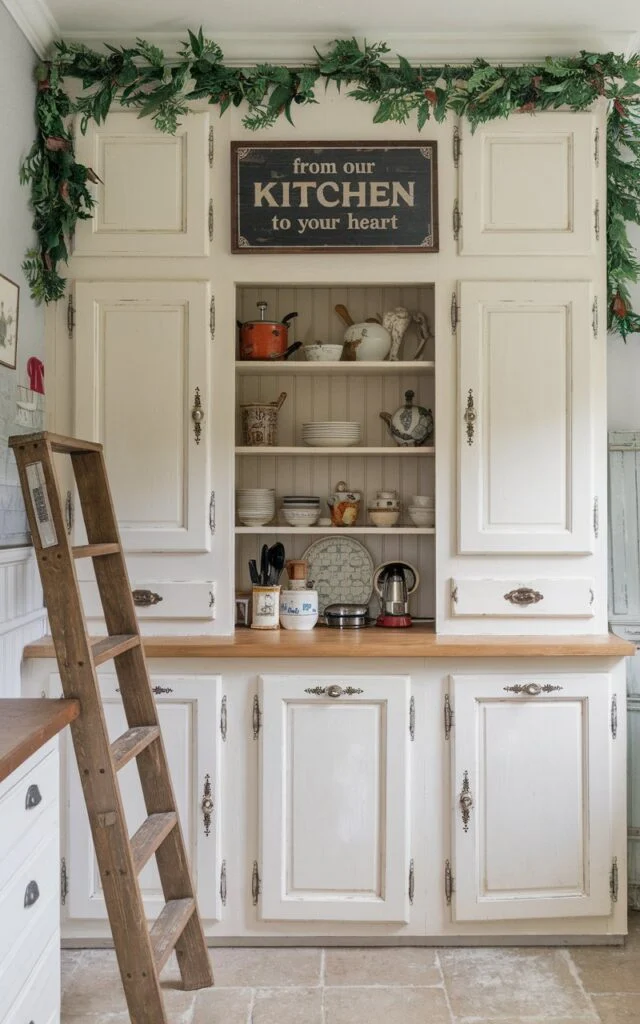 A photo of a French Country kitchen with cabinets. The top of the cabinets are decorated with faux greenery garlands for a lively atmosphere. There is a vintage sign above the cabinets that says "From Our Kitchen To Your Heart". A wooden ladder leans against the wall beside the cabinets. The floor is covered with beige tiles.