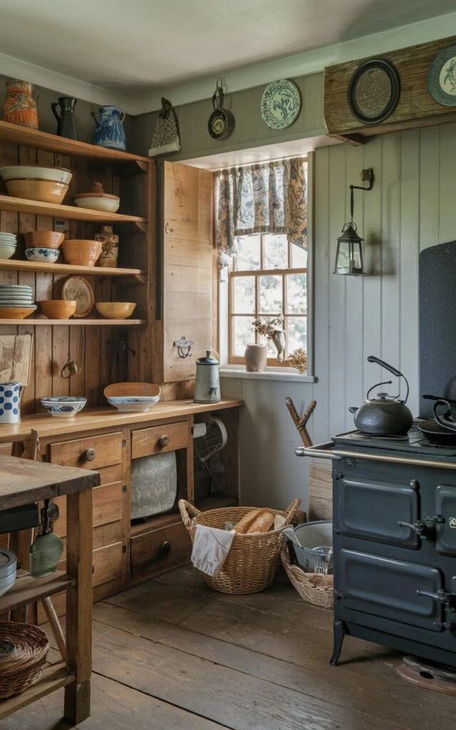 A photo of a cabin-style kitchen in an English countryside setting. There are wooden cabinets with ceramic dishes and bowls on top. A vintage stove with a kettle and a cast iron skillet is nearby. A basket with bread and a jug are on the counter. The floor is made of wood. The walls are adorned with decorative items and a lantern. There's a window with a curtain, and a door.