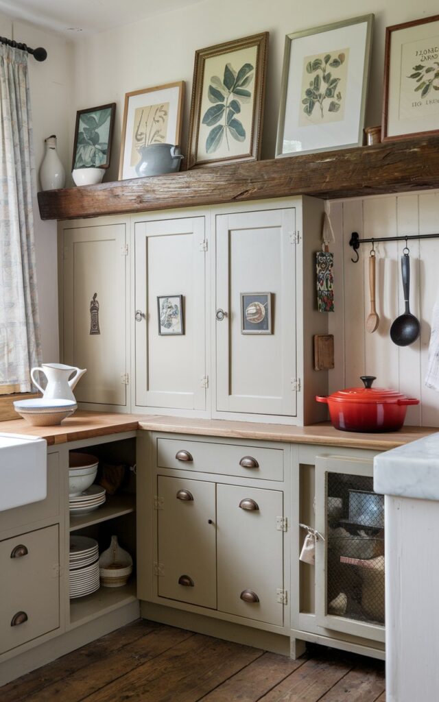 A photo of a French Country kitchen with shaker cabinets. The top of the cabinets has framed artworks, such as botanical prints and food illustrations. There is a wooden beam across the top of the cabinets. The floor is made of planks. There is a white pitcher and a bowl on the left counter. The right counter has a red Le Creuset pot and a wooden spoon. The background contains a window with a curtain and a wall with a few hanging items.
