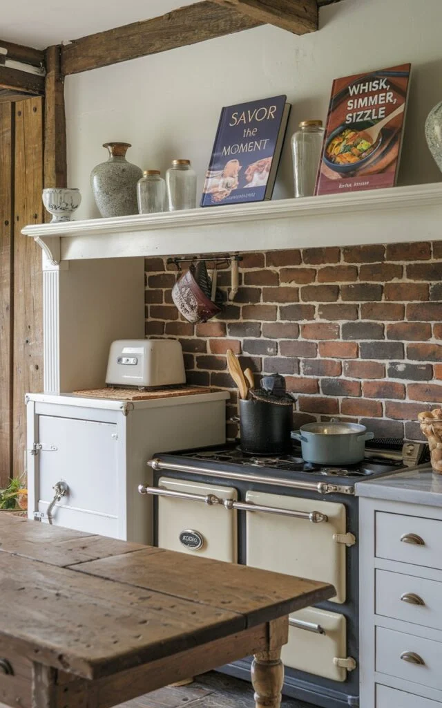a Cottagecore kitchen with two cookbooks placed on top of an overhead cabinet
