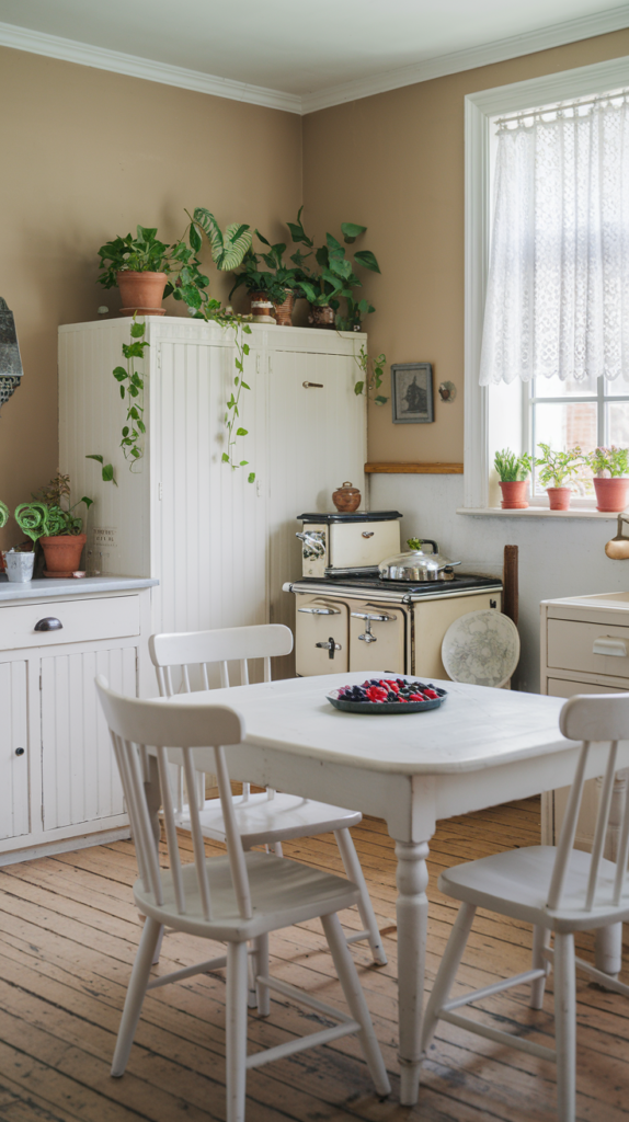 A photo of a cottagecore kitchen with a white wooden table and chairs. The walls are painted beige, and there is a vintage stove and a window with lace curtains. There are small potted plants, including trailing plants, placed on top of the cabinets as decor. There is a dish with fresh berries on the table. The floor is made of wooden planks.