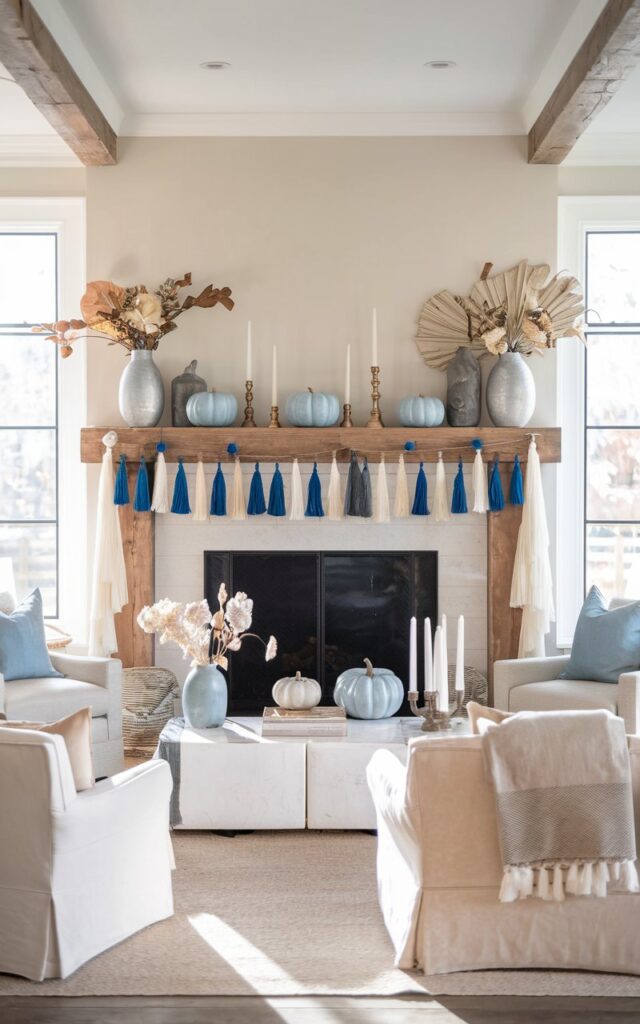 Mantel decorated with blue and white tassels