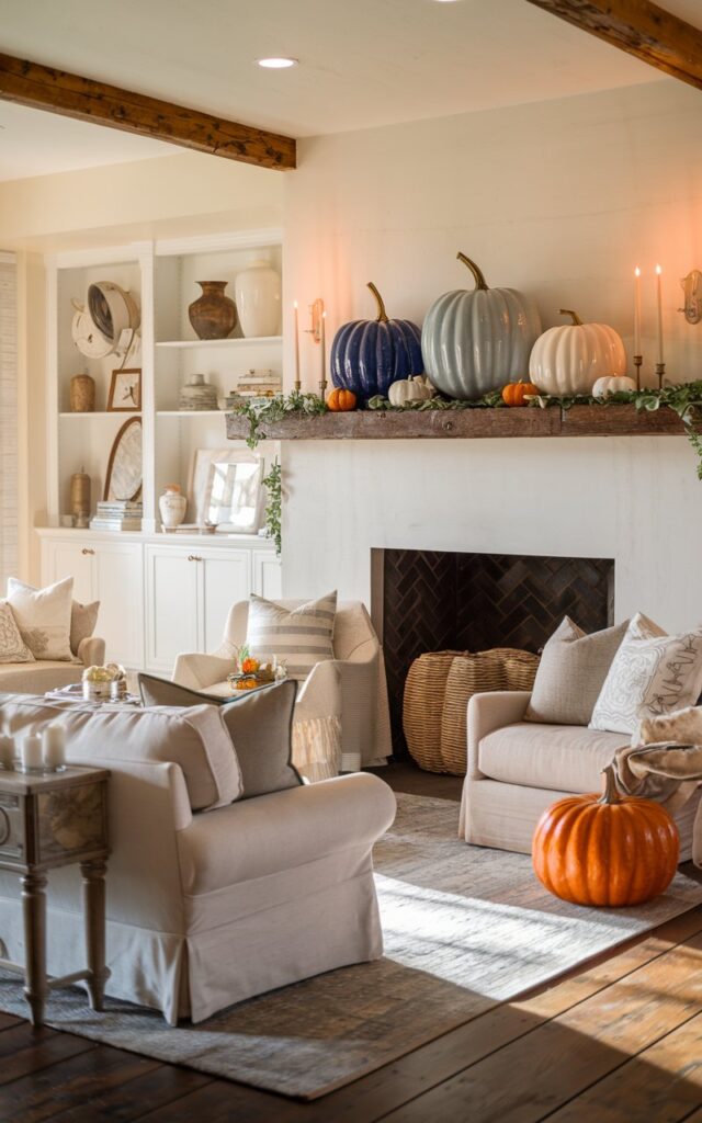 Blue and white ceramic pumpkins on a mantel