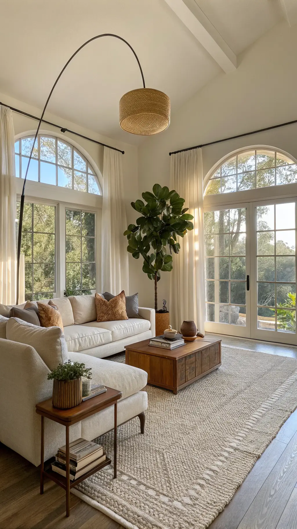 Sunlit contemporary living room with cream sectional, floor-to-ceiling windows, layered rugs, vintage brass lamp, and fiddle leaf fig tree at golden hour.