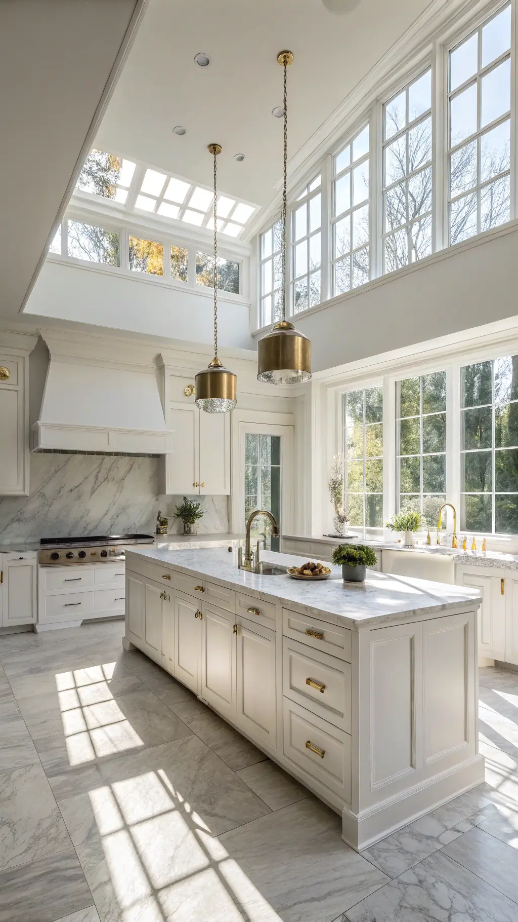 Sunlit modern kitchen with tall white cabinets, Carrara marble countertops, and a large center island with minimalist pendant lights, showcasing the interplay of natural and artificial lighting.