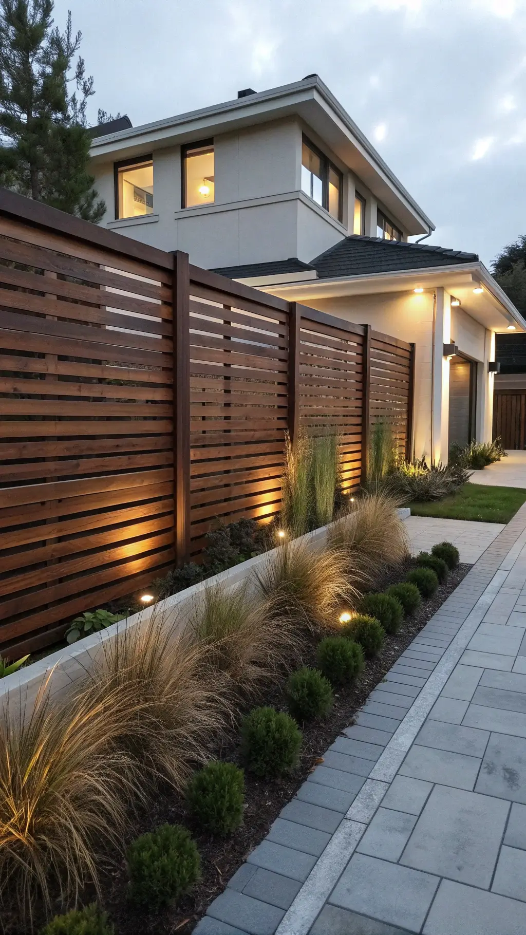 modern cedar fence casting shadows during golden hour with layered landscaping against white contemporary home exterior