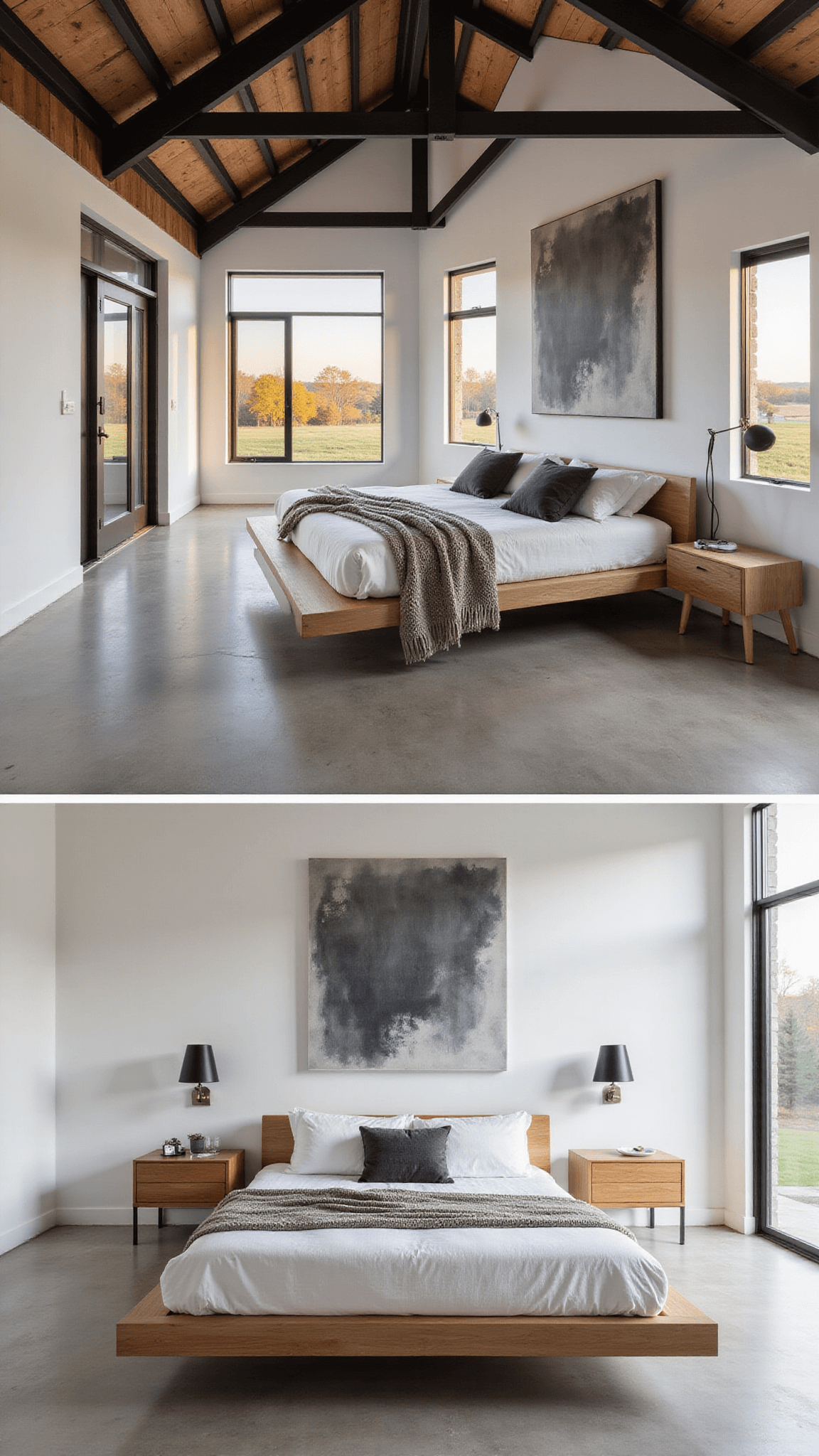 Modern minimalist barndominium master bedroom with vaulted ceiling, exposed steel beams, floor-to-ceiling windows, and white oak king platform bed at golden hour lighting.