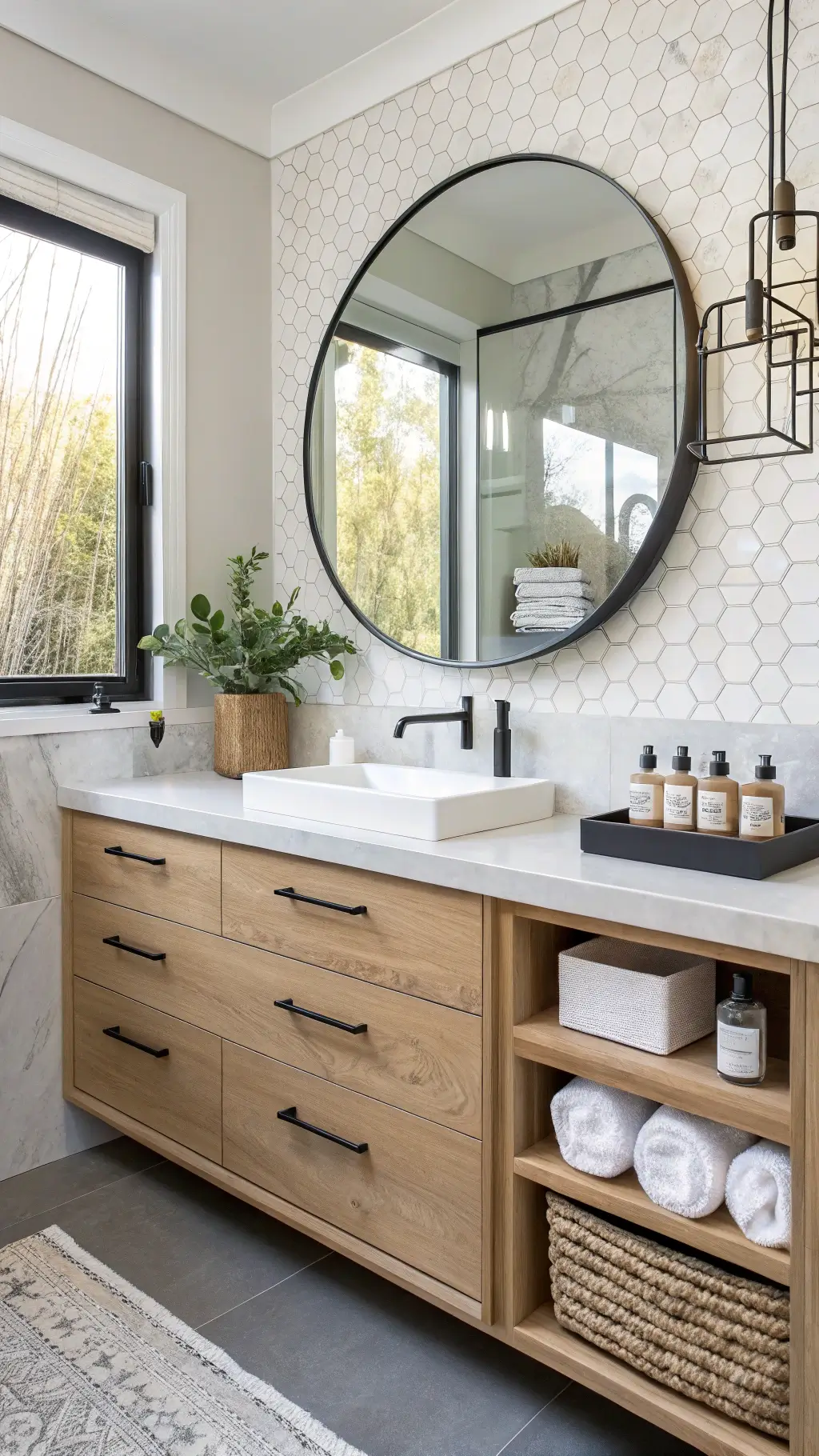 Bright modern bathroom featuring floating white oak vanity, marble countertop, illuminated mirror, and neatly arranged decor.