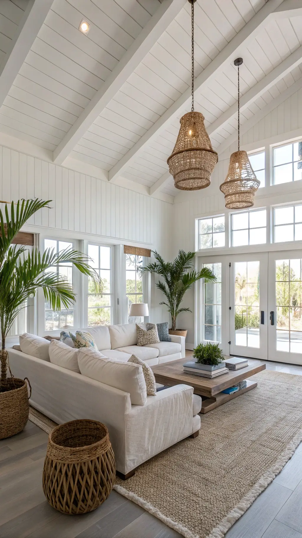 Coastal living room with ivory sectional, driftwood coffee table, woven pendant lights, and oceanfront views through floor-to-ceiling windows.