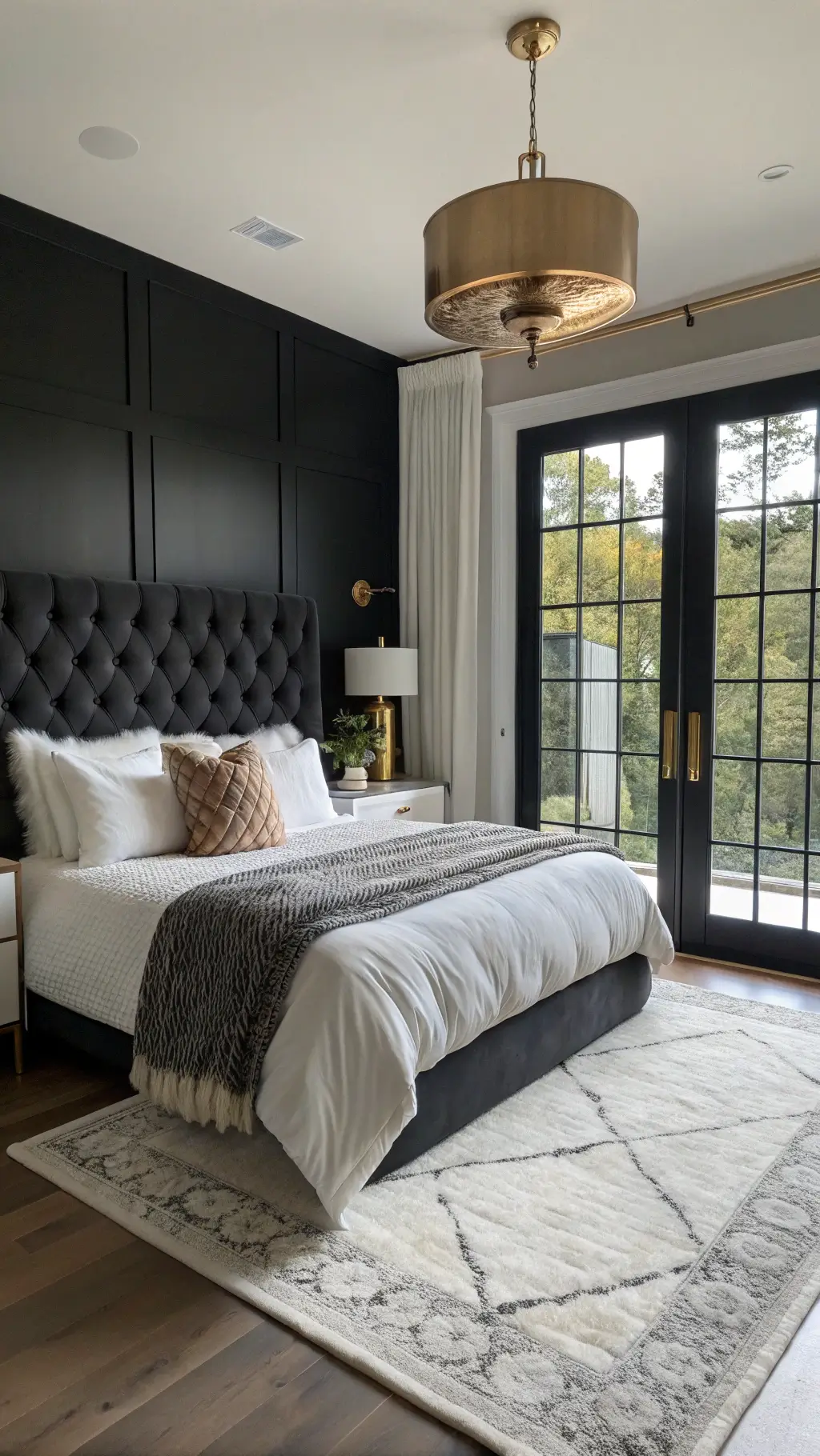 Contemporary bedroom featuring black walls, plush velvet headboard, brass pendant lighting, crisp white bedding, silk cushions, knitted throw, marble side table, and gold lamp illuminated by natural light from floor-to-ceiling windows