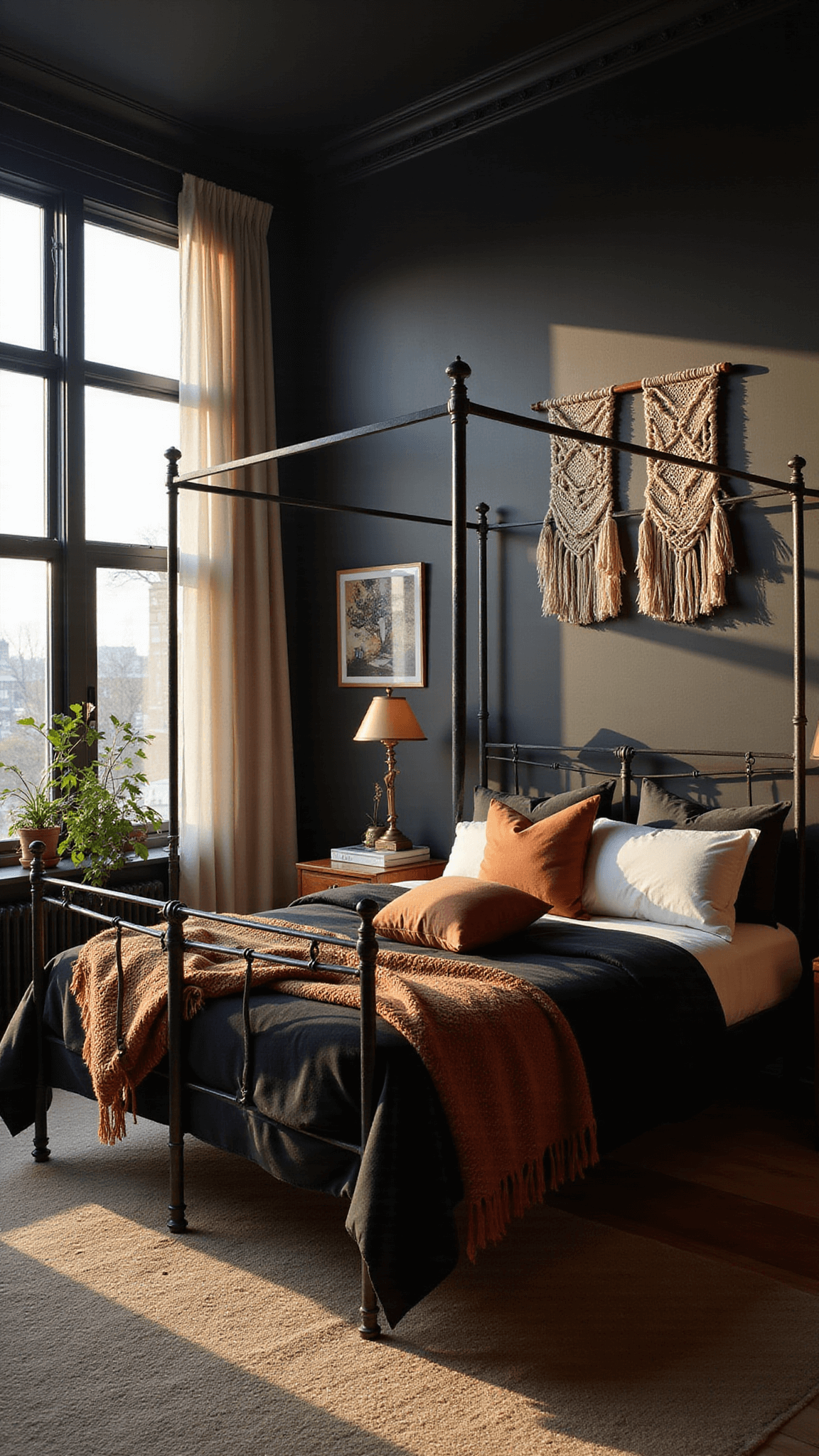 Moody bedroom with black walls, golden light, wrought iron canopy bed, layered textures, vintage brass lamps, macramé decor, and trailing plants.
