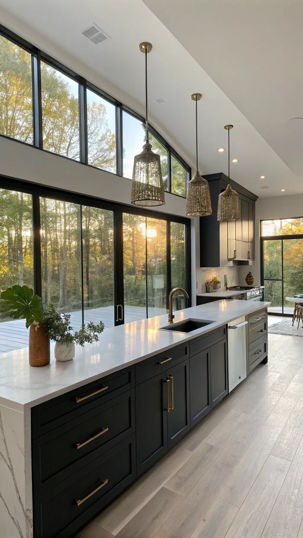 Modern kitchen featuring matte black cabinetry, white quartz countertops, brass pendant lighting, and oak flooring bathed in warm sunlight.