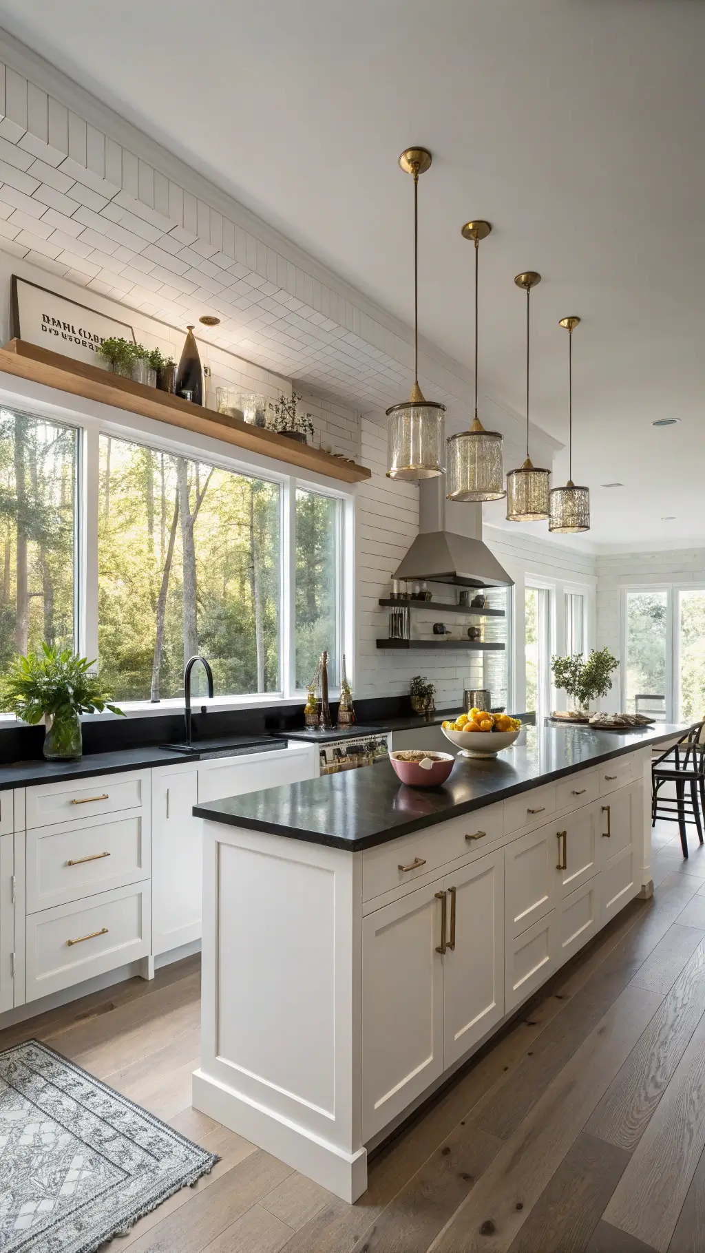 Sleek kitchen featuring black granite countertops, white shaker cabinets, brass fixtures, and natural wood shelving illuminated by soft daylight through tall windows.