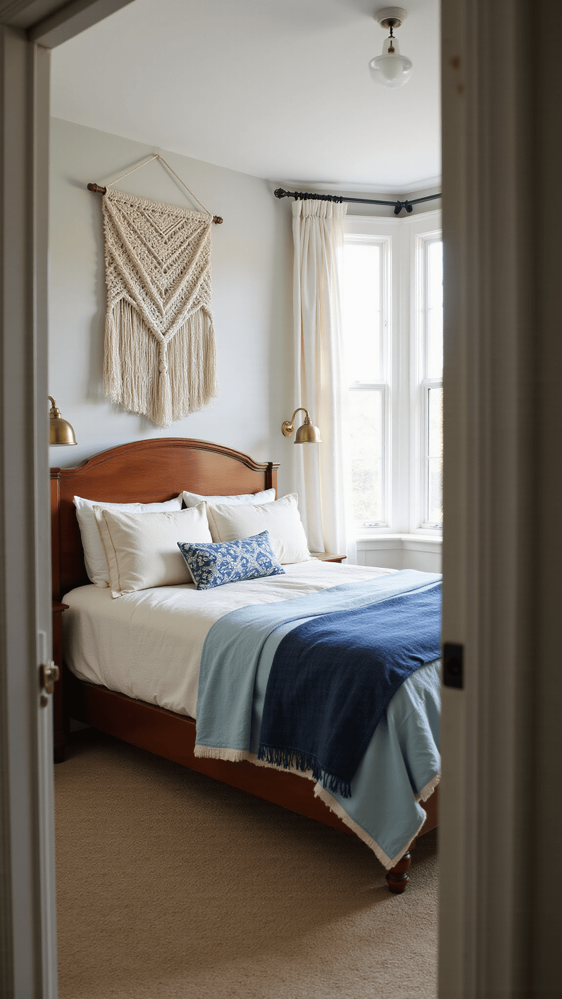 Sunlit bedroom with vintage wooden bed, layered blue and cream textiles, macramé wall hanging, brass pendant lights, and soft morning light through gauzy curtains.