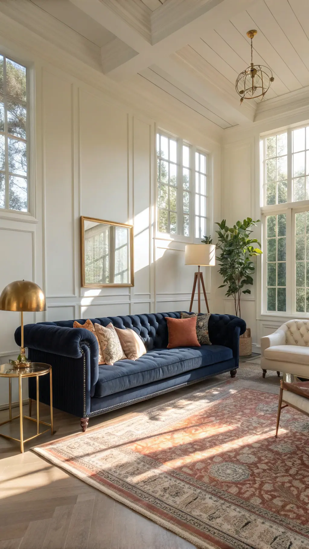 Sunlit living room showcasing a plush navy velvet Chesterfield sofa, brass floor lamp, cream boucle chairs, and a vintage Persian rug in soft coral hues.