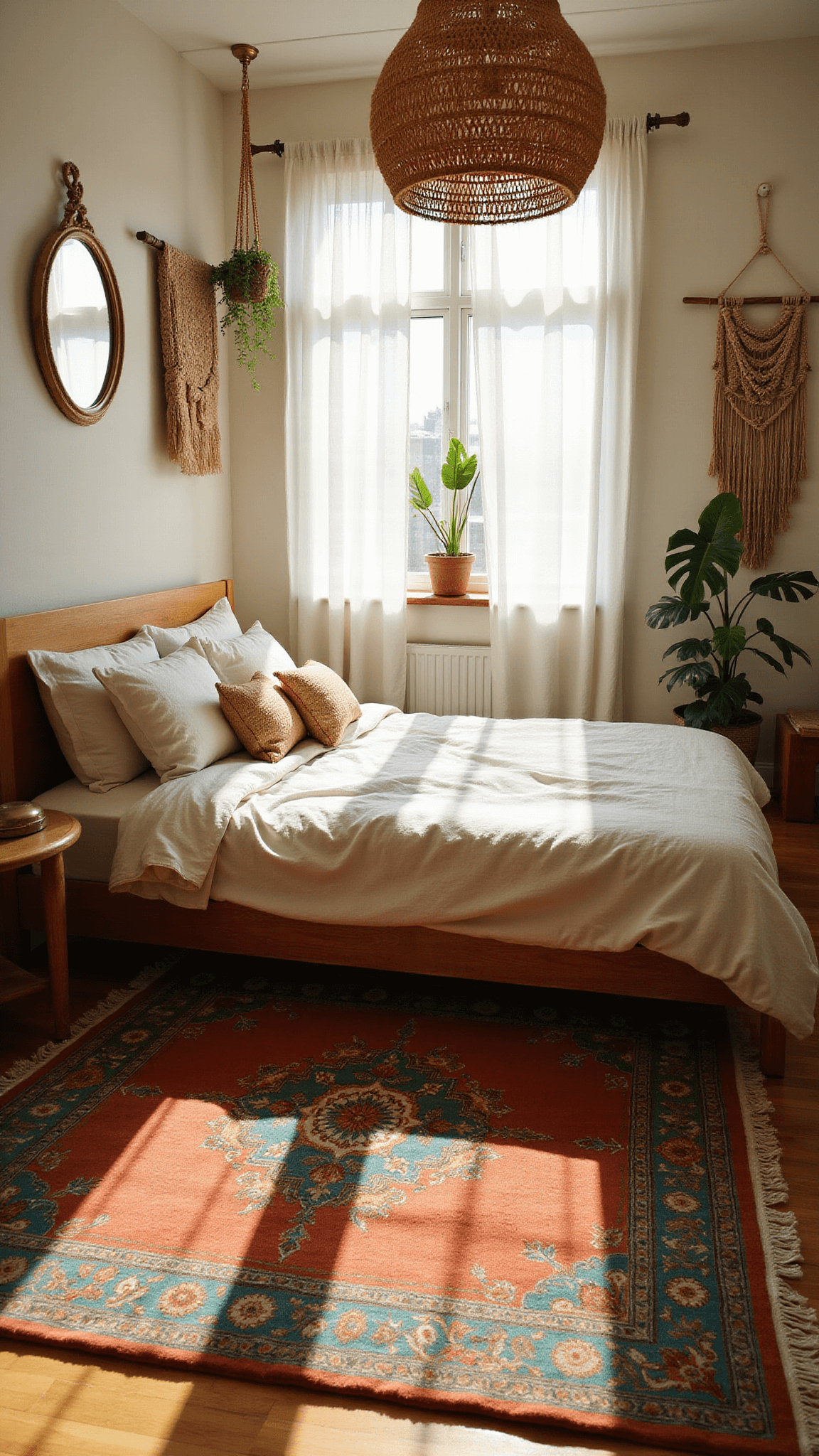 Boho bedroom bathed in soft golden light with a Persian rug, linen platform bed, jute rug, rattan pendant, macramé wall art, brass mirrors, and a monstera plant.