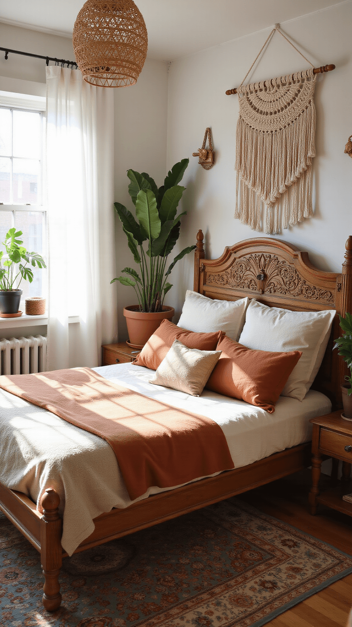 Sunlit bohemian bedroom with carved wooden bed, earth-toned linen bedding, Moroccan rug, macramé wall hanging, monstera plants, and rattan pendant lamp casting soft shadows.