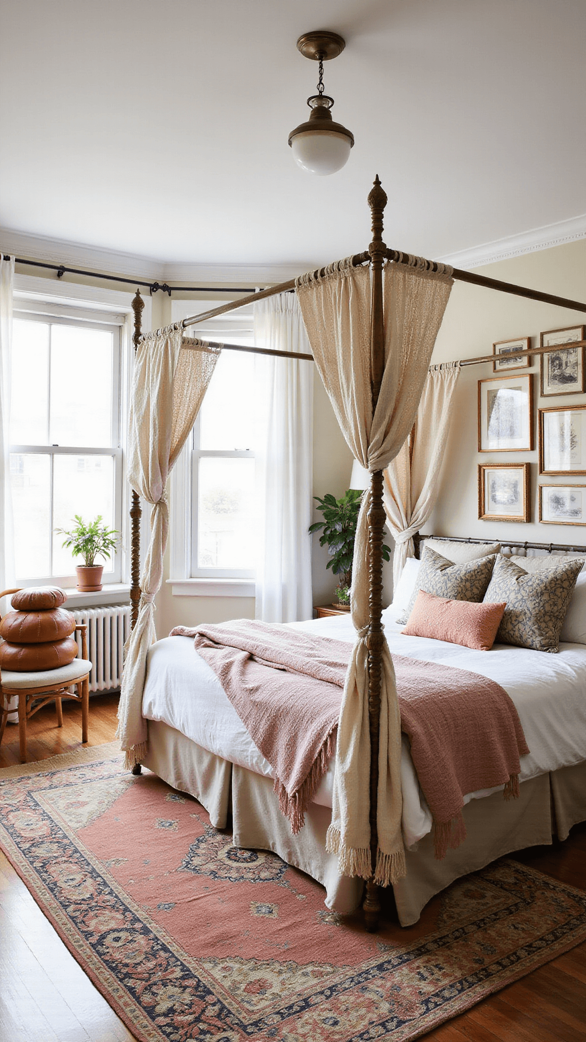 Sunlit boho bedroom with vintage brass canopy bed, blush and cream fabrics, Persian rug, rattan chair, botanical decor, and lush plants.