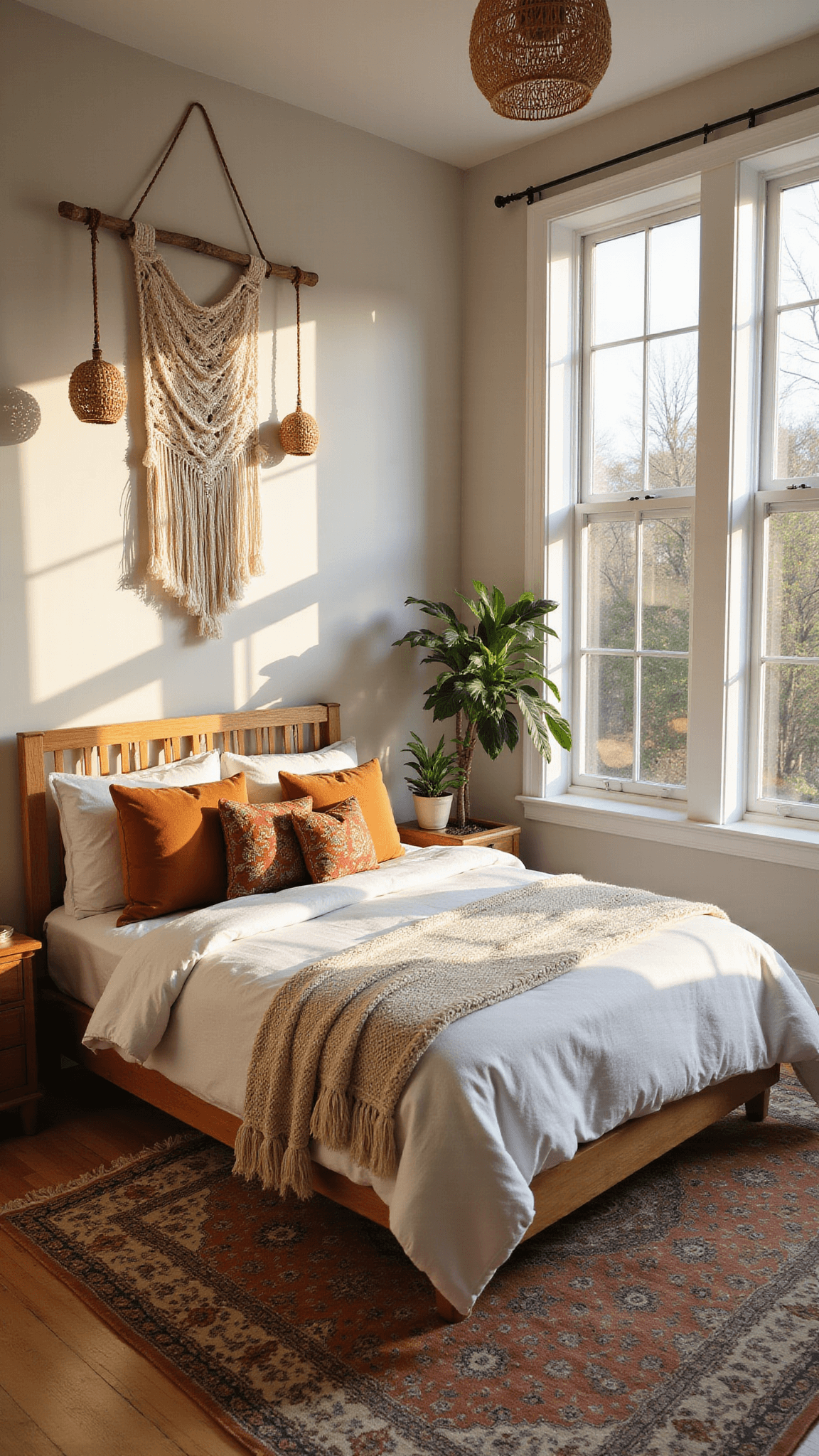 Boho-style bedroom with king-size bed, layered bedding, vintage rug, macramé wall hanging, rattan lights, and indoor plants bathed in golden hour sunlight.
