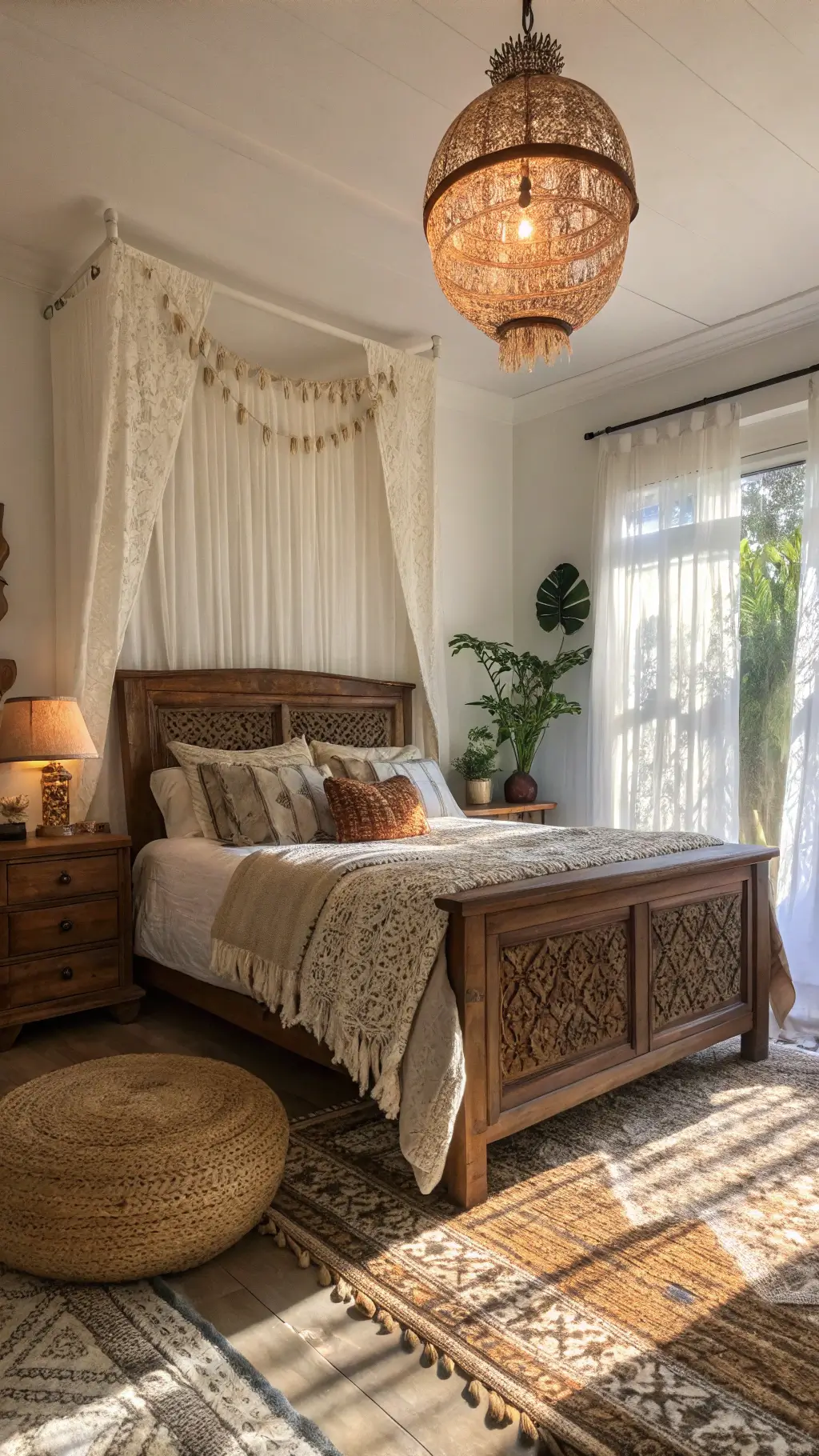 Bohemian bedroom bathed in golden hour light, featuring carved wooden bed, vintage brass mirror, and rattan pendant lamp, enriched by muted terracotta and sage Persian rugs, and natural materials, under soft natural backlighting.