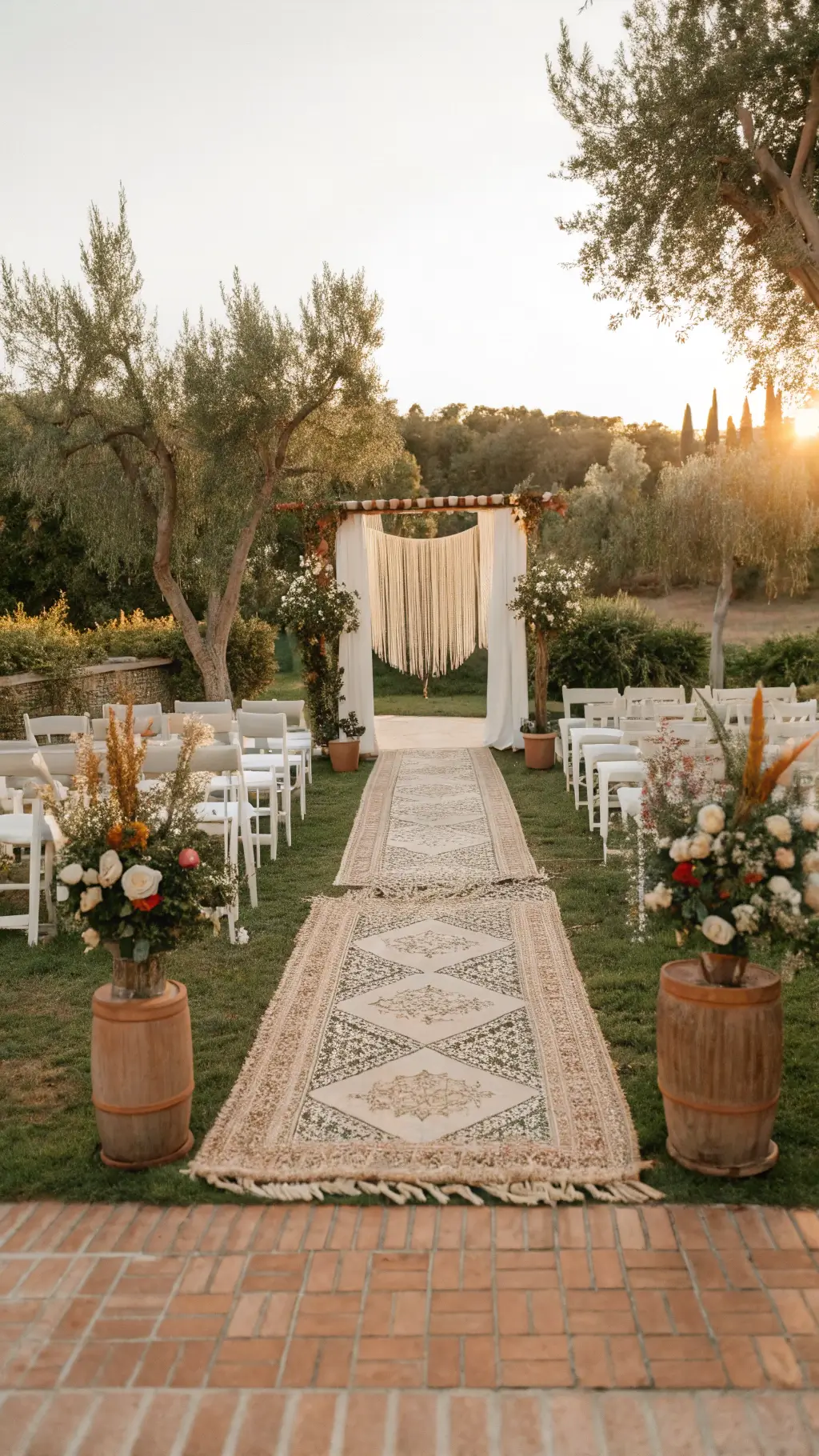 golden hour garden ceremony set-up featuring a macramé backdrop, Persian rug aisle, brass lanterns with candles, wildflower arrangements in muted tones and sunlight filtering through.