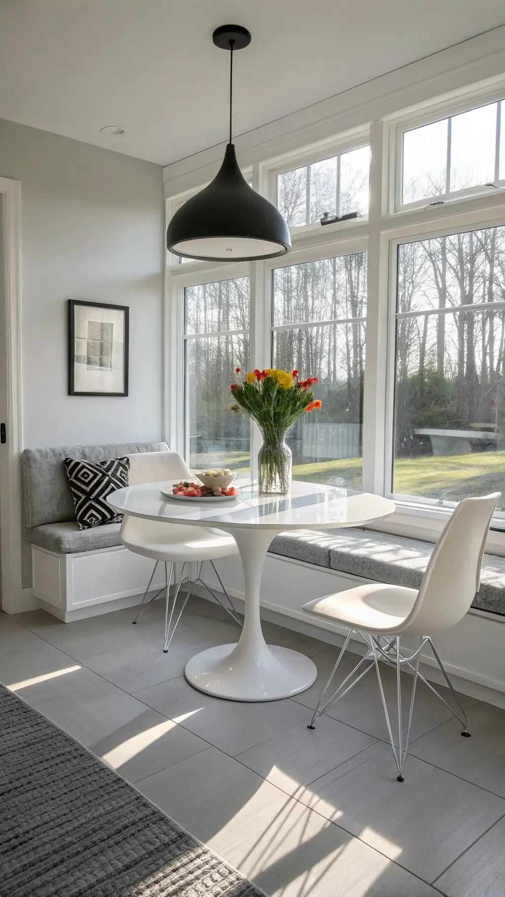 sunlit minimalist breakfast nook in a modern kitchen with floor-to-ceiling windows, white tulip table, chrome-legged chairs, built-in bench, and matte black pendant light