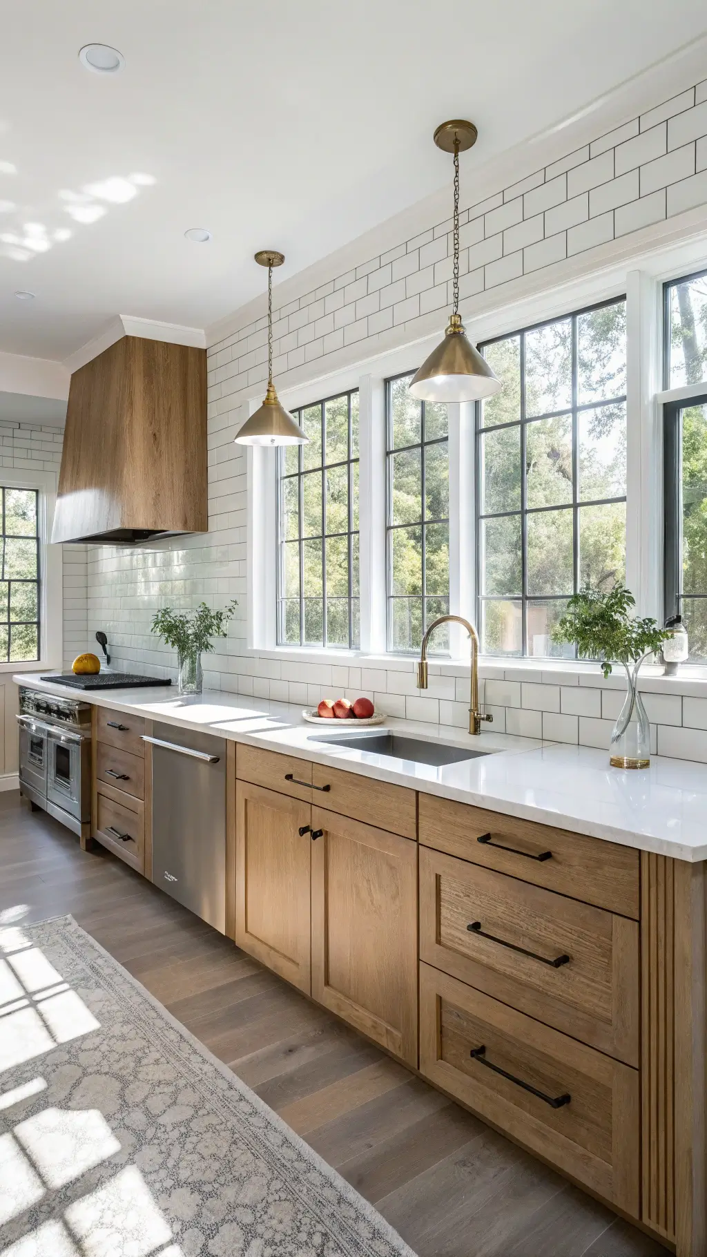 bright contemporary kitchen featuring white subway tile backsplash, oak cabinetry, Calacatta marble countertops, and brass hardware